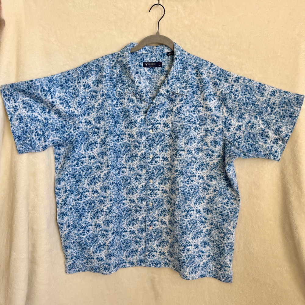 Cremieux Collection Mens XL Blue White Tie Dye Print Short Sleeve Camp Shirt